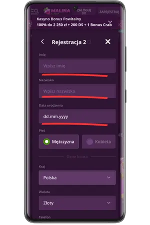 Malina Casino Logowanie druga faza rejestracji