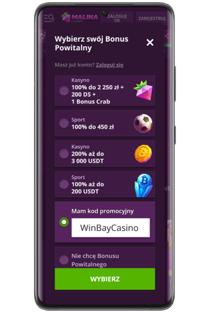 Malina Casino Kod Promocyjny wprowadzenie kodu akcji