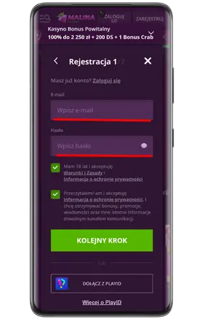 Malina Casino Bonus formularz danych rejestracyjnych