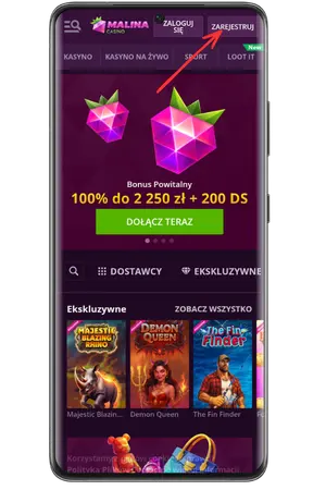 Malina Casino Bonus przycisk rejestracji oficjalna strona